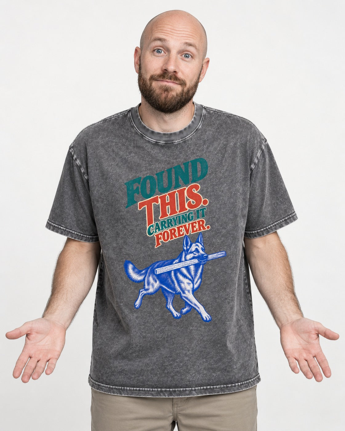 German Shepherd Dog Carrying It Forever Washed Tee in Gray, worn by a model