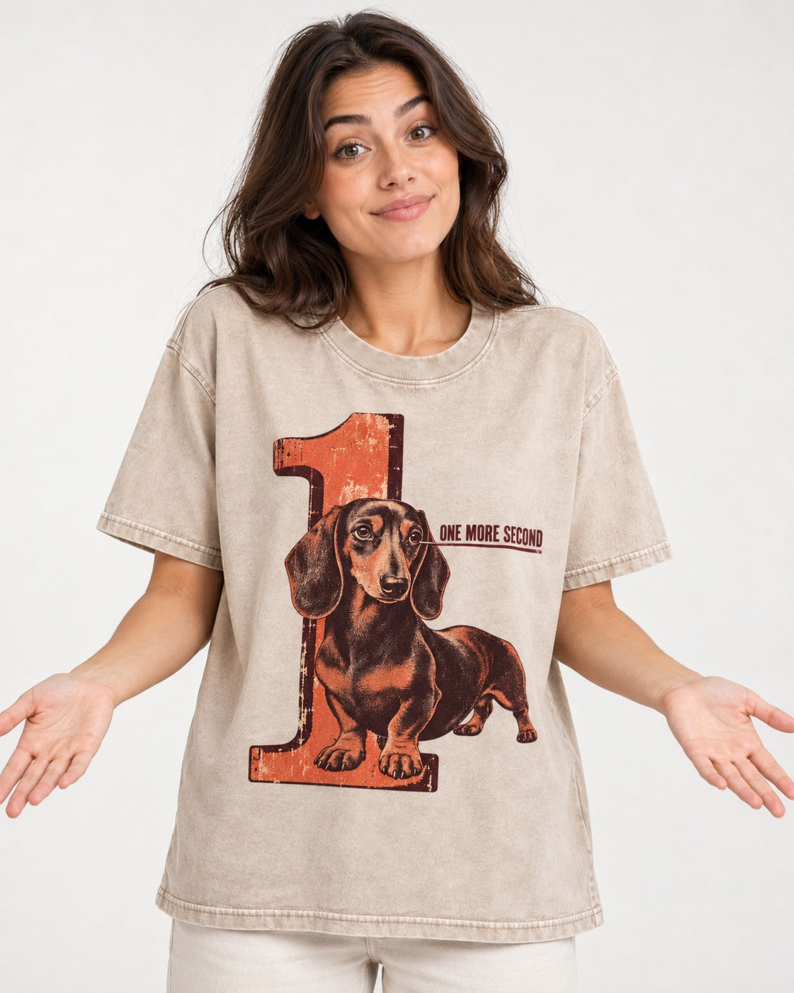 One More Second Dachshund Washed Tee in Apricot, worn by a model