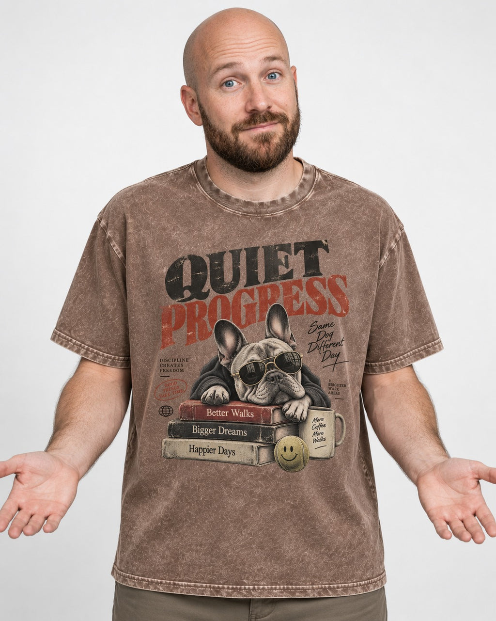 Quiet Progress Frenchie Washed Tee in Coffee, worn by a model