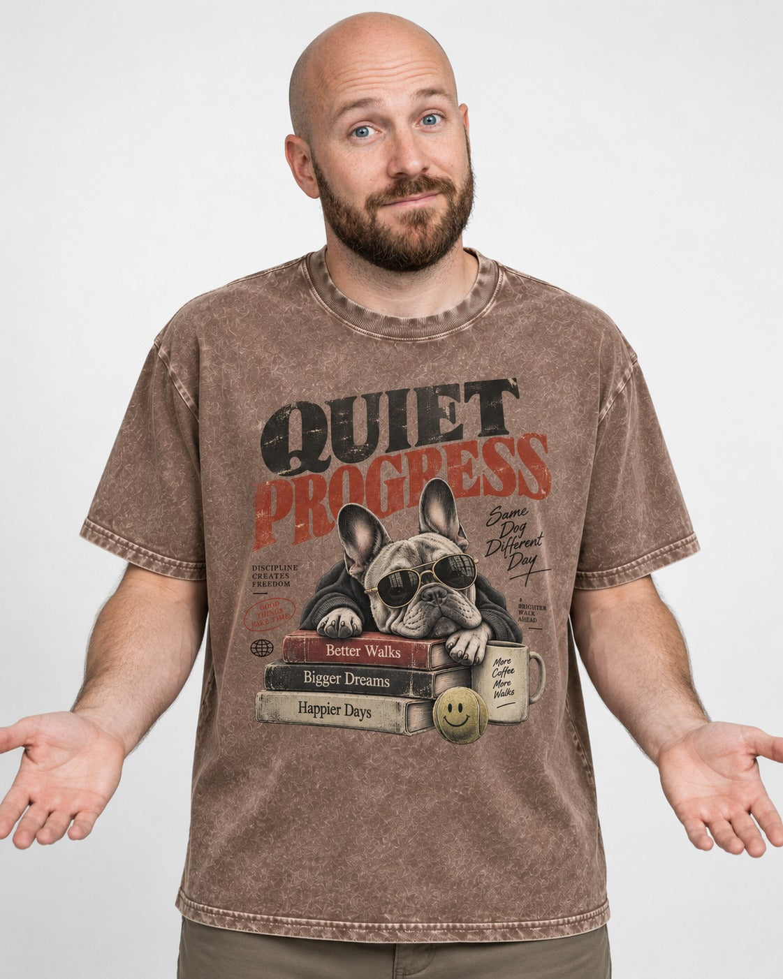 Quiet Progress Frenchie Washed Tee in Coffee, worn by a model