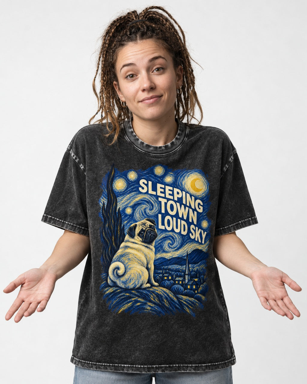Pug Sleeping Town Loud Sky Starry Night Graphic Washed Tee in Black, worn by a model
