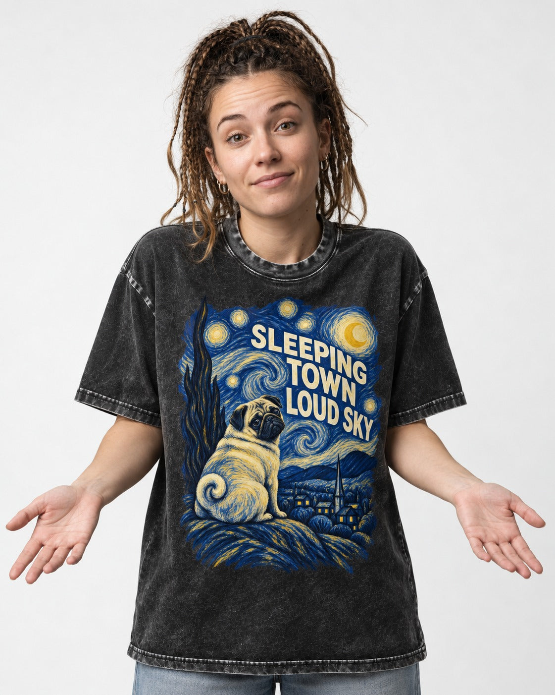 Pug Sleeping Town Loud Sky Starry Night Graphic Washed Tee in Black, worn by a model