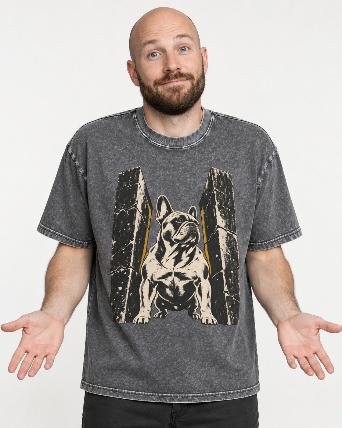 Frenchie Unbreakable Washed Tee in Gray, worn by a model