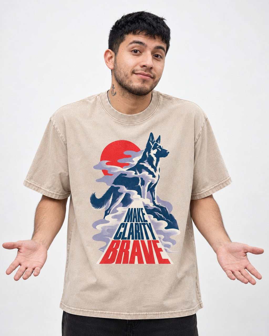 Make Clarity Brave Mountain German Shepherd Dog Graphic Washed Tee in Apricot, worn by a model