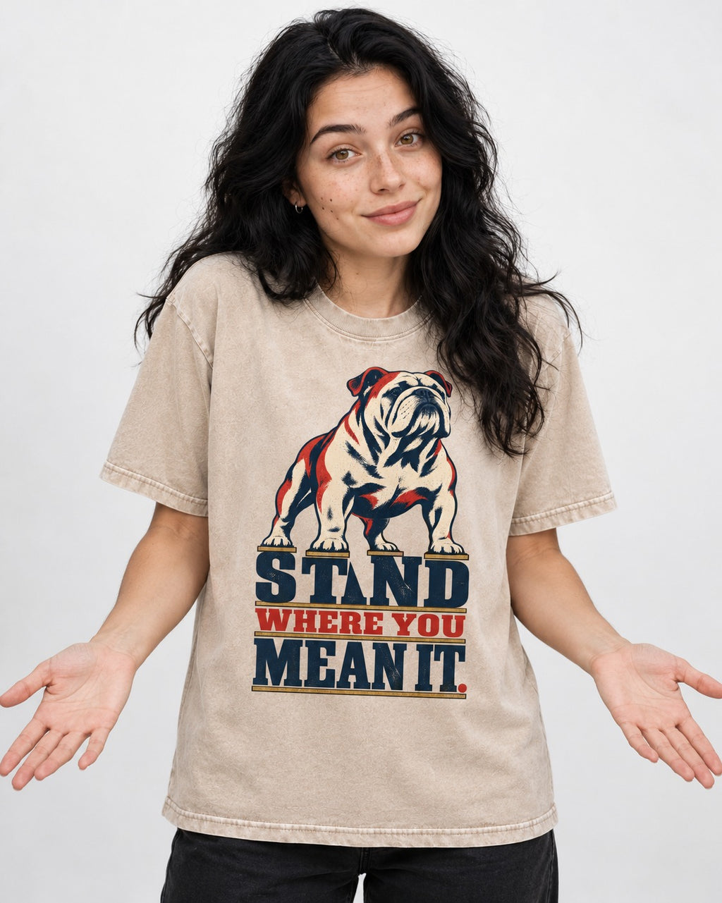 English Bulldog Stand Washed Tee in Apricot, worn by a model
