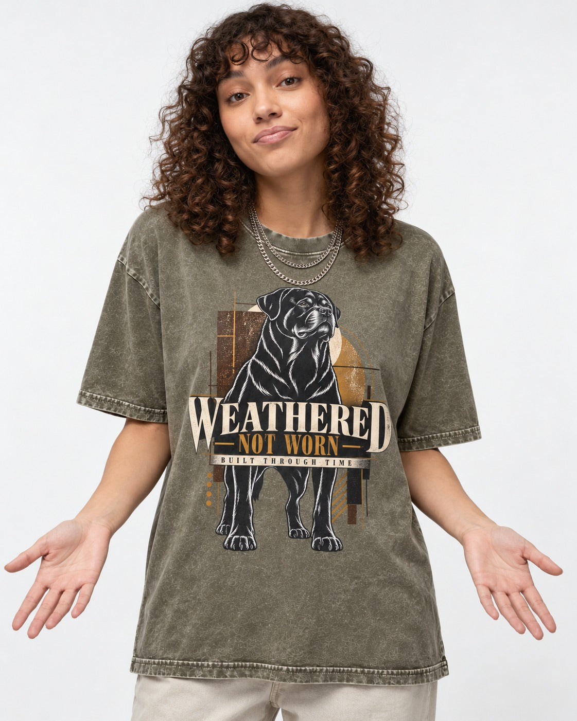 Rottweiler Weathered Not Worn Geometric Graphic Washed Tee in Army Green, worn by a model