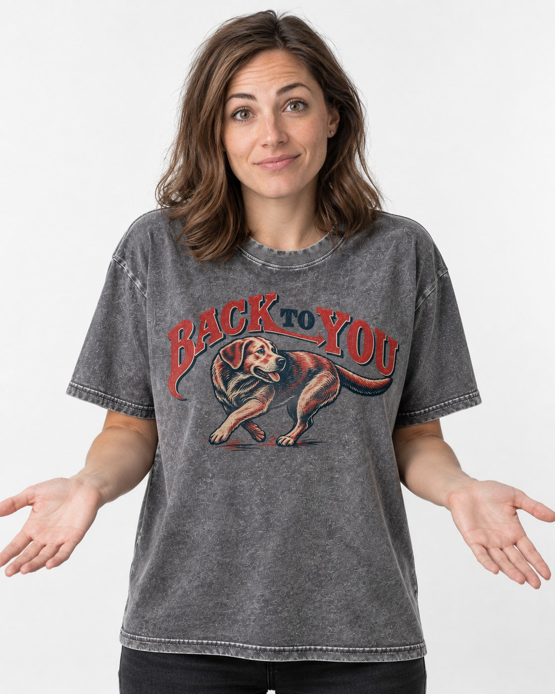 Labrador Retriever Back to You Turning Graphic Washed Tee in Gray, worn by a model