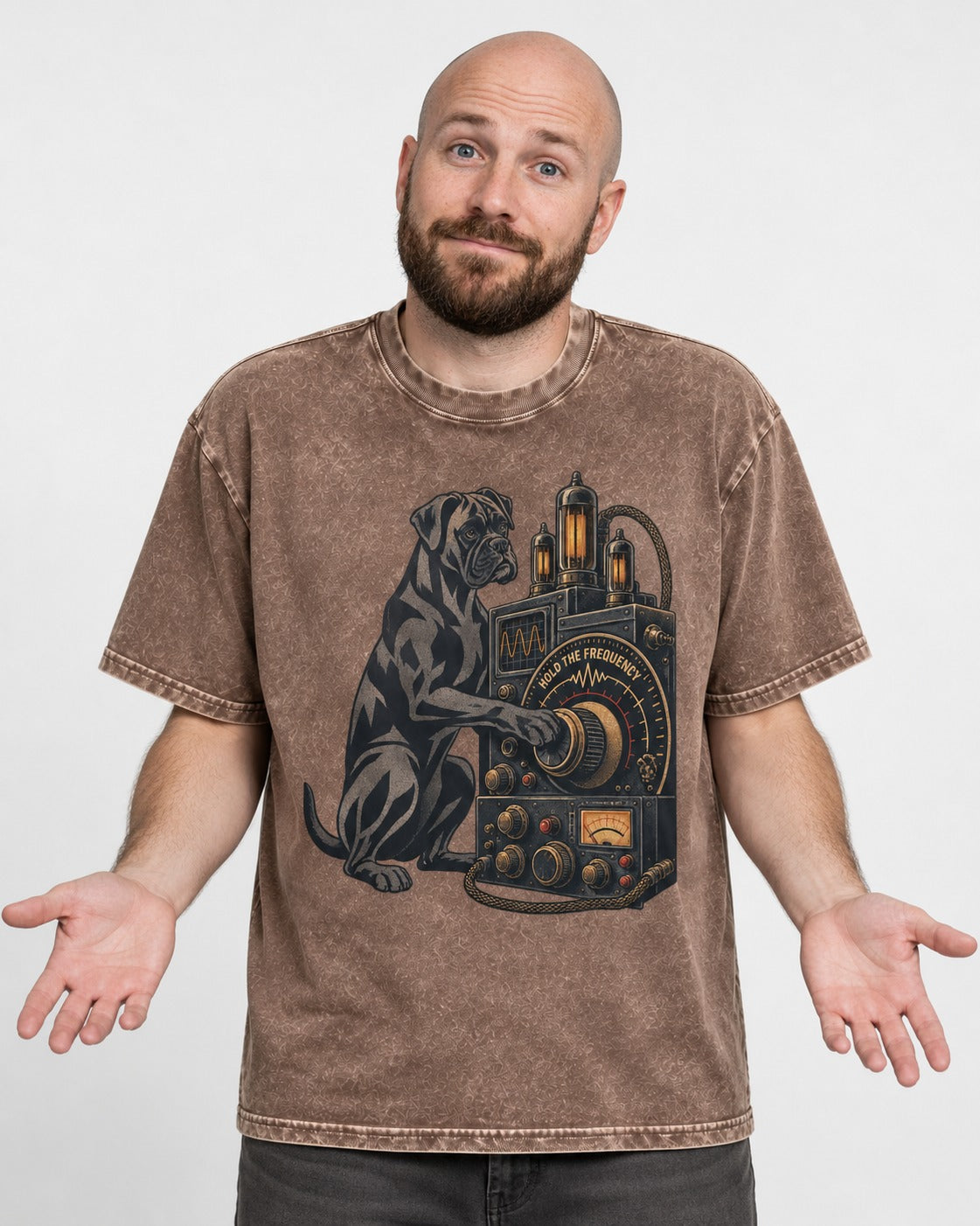 Hold the Boxer Frequency Washed Tee in Coffee, worn by a model