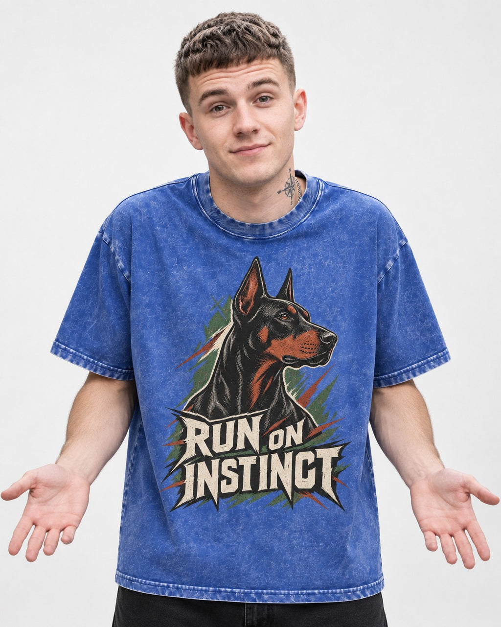 Doberman Run on Instinct Brush Slash Graphic Washed Tee in Royal Blue, worn by a model