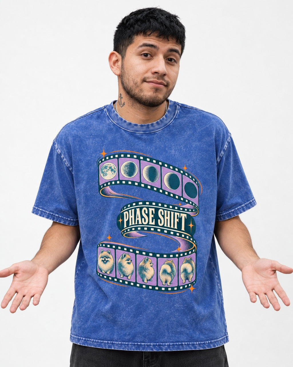Pomeranian Phase Shift Filmstrip Graphic Washed Tee in Royal Blue, worn by a model