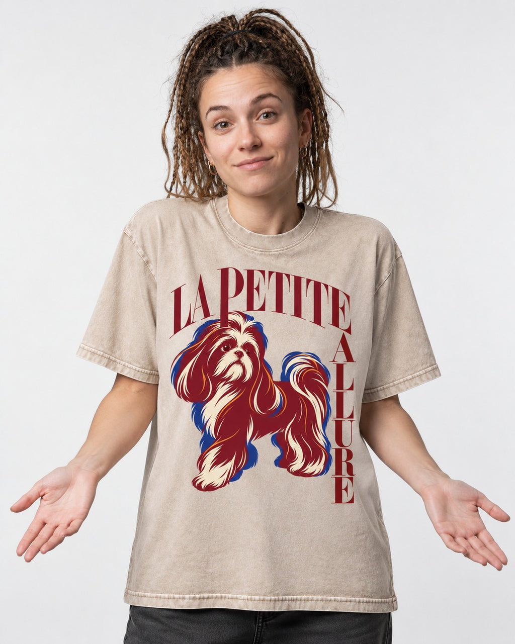 La Petite Allure Shih Tzu Washed Tee in Apricot, worn by a model
