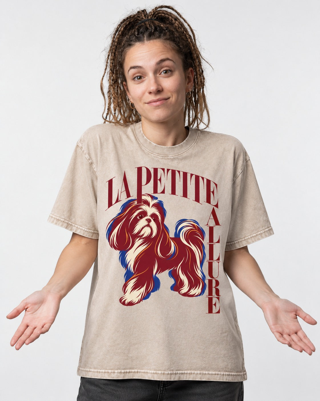 La Petite Allure Shih Tzu Washed Tee in Apricot, worn by a model