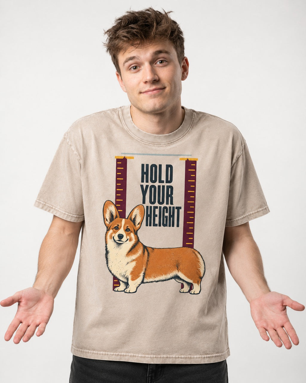 Corgi Hold Your Height Washed Tee in Apricot, worn by a model