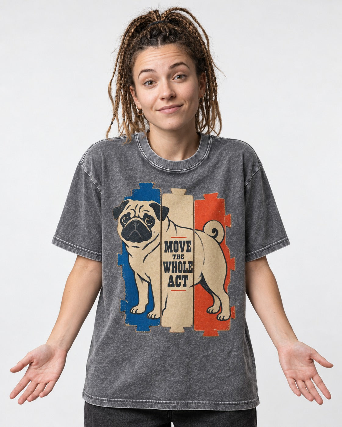Pug Move the Whole Act Color Block Graphic Washed Tee in Gray, worn by a model