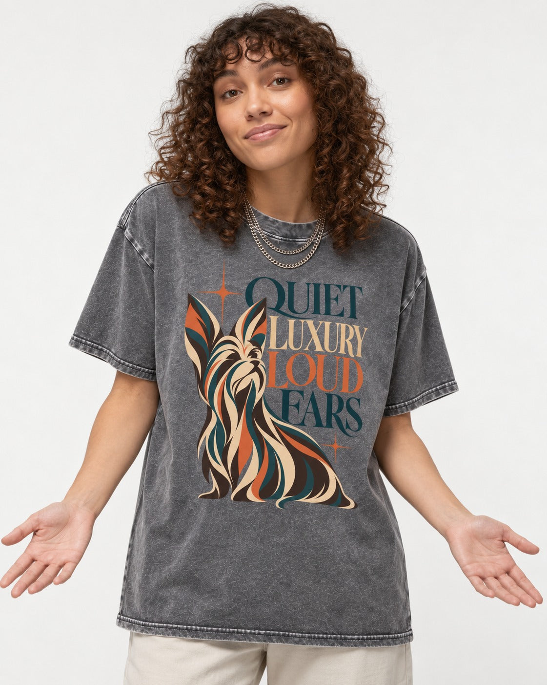 Quiet Luxury Loud Ears Yorkshire Terrier Washed Tee in Gray, worn by a model