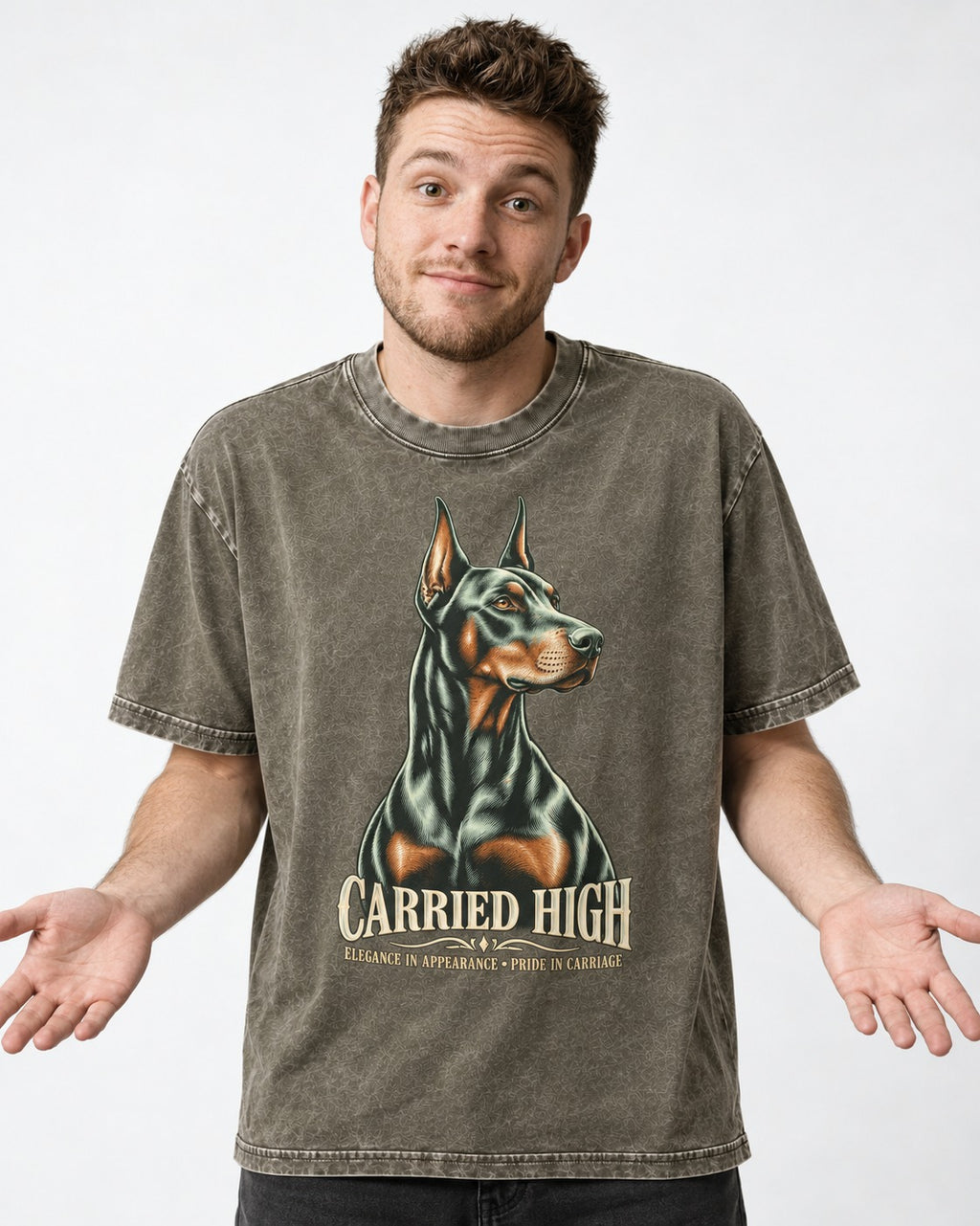 Doberman Carried High Portrait Graphic Washed Tee in Army Green, worn by a model