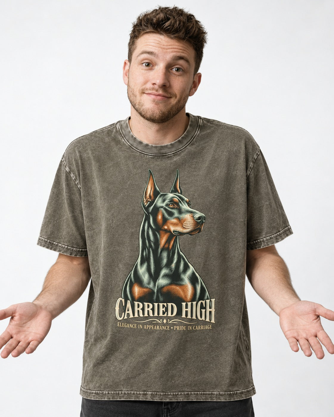 Doberman Carried High Portrait Graphic Washed Tee in Army Green, worn by a model