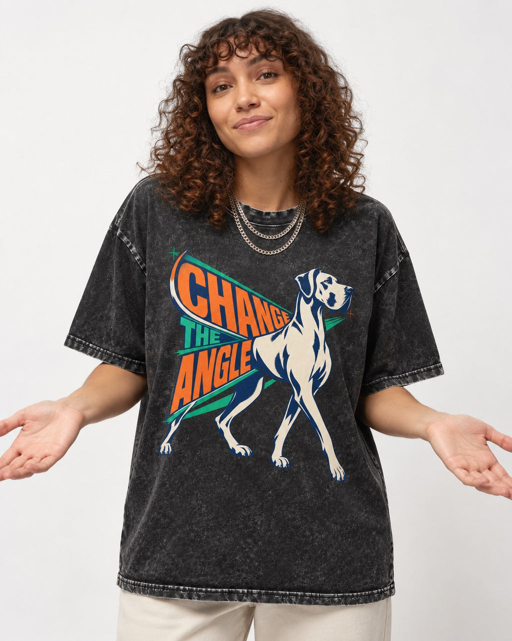 Great Dane Change the Angle Walking Graphic Washed Tee in Black, worn by a model