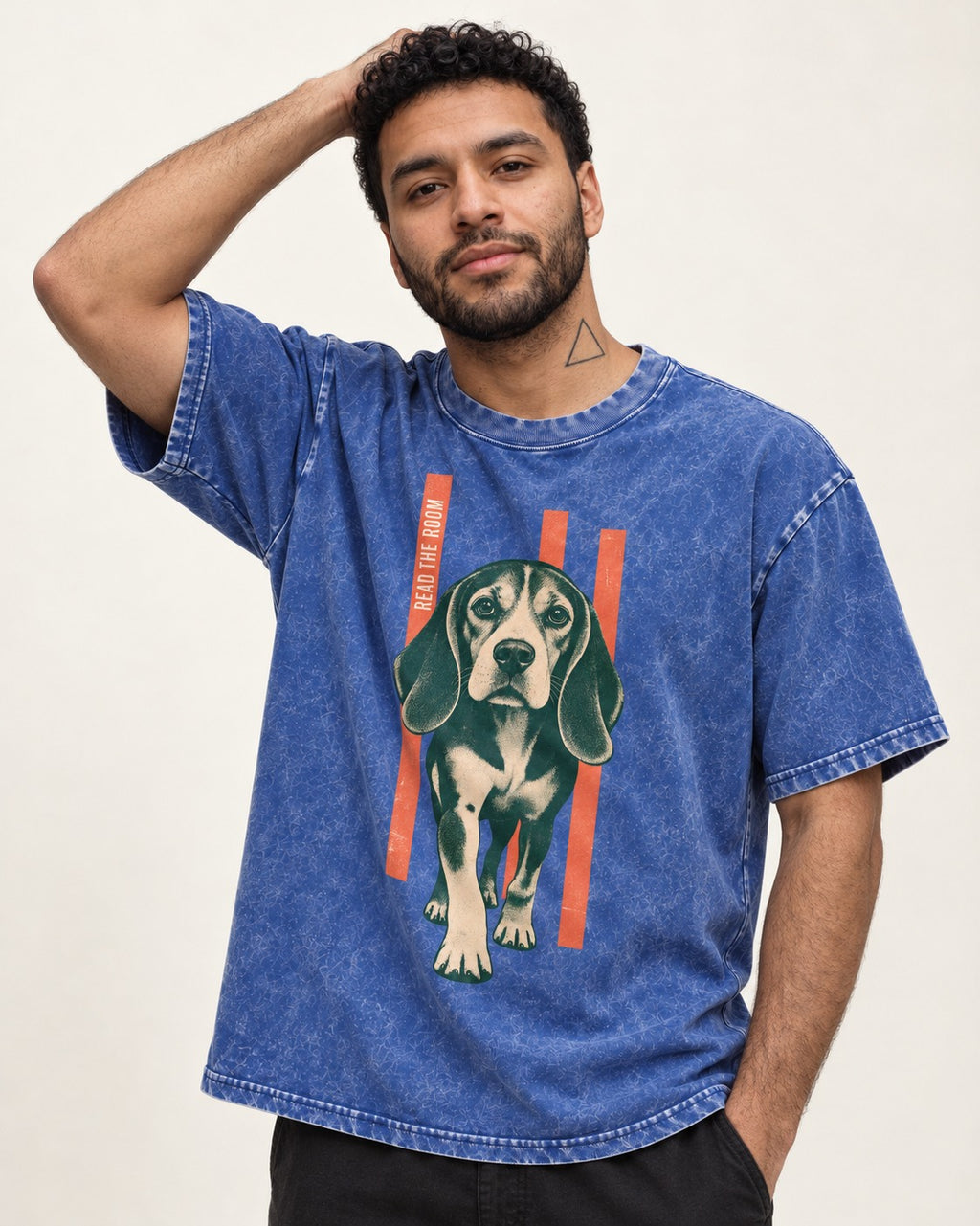 Beagle Before The Move Walking Portrait Washed Tee in Royal Blue, worn by a model
