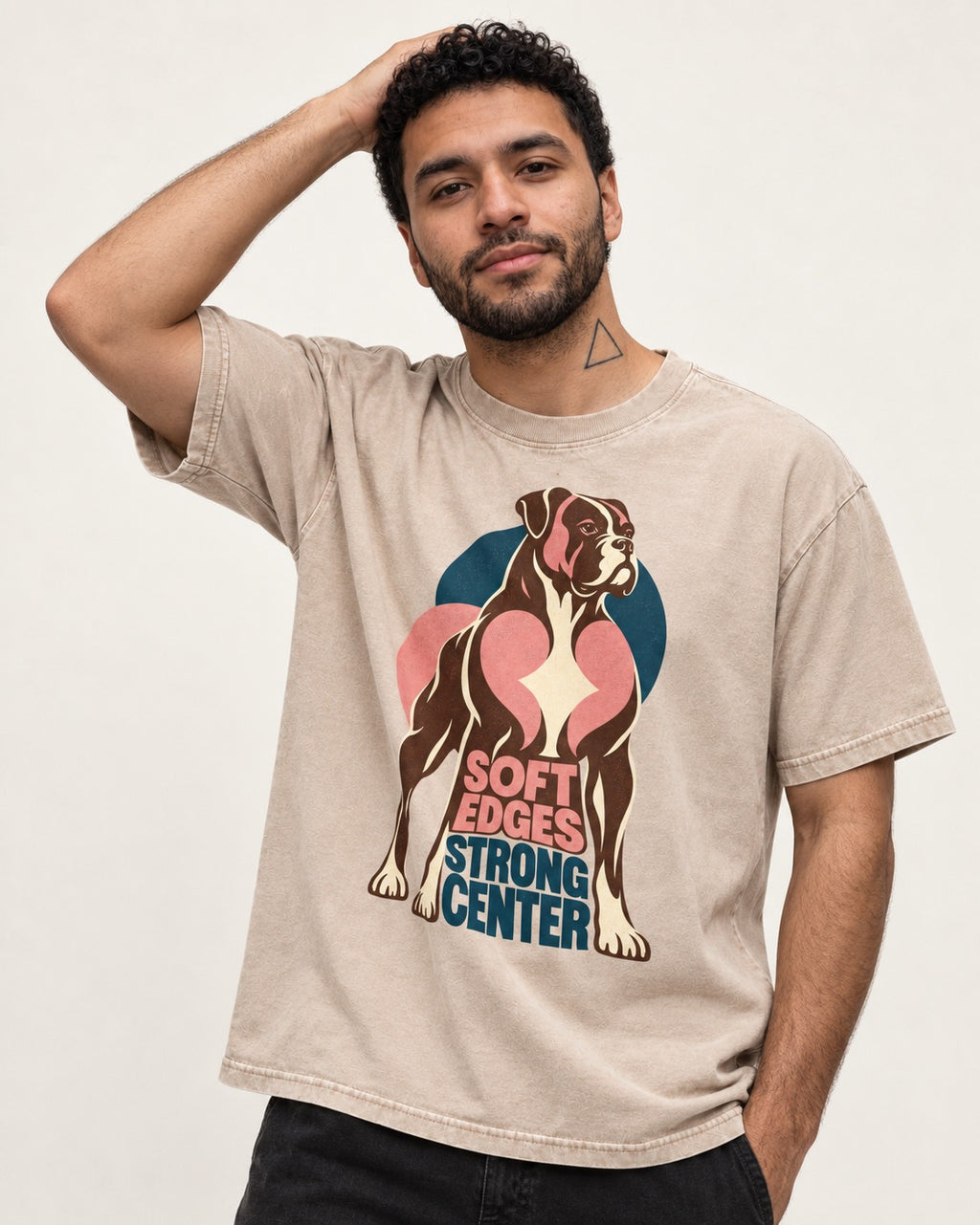 Boxer Soft Edges Strong Center Washed Tee in Apricot, worn by a model