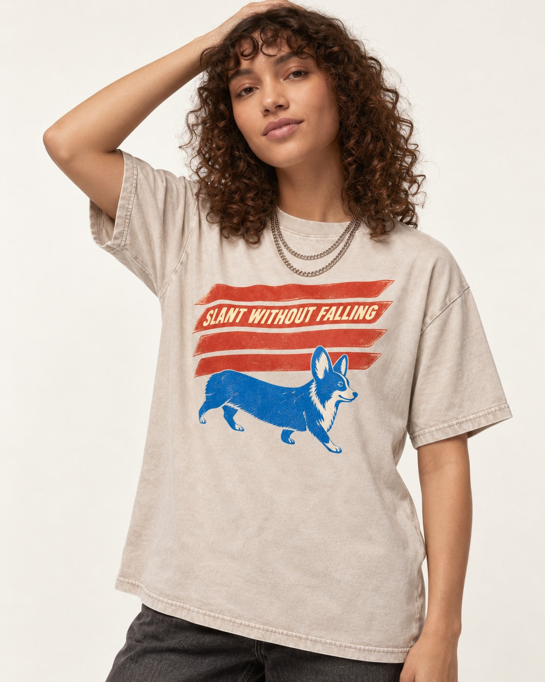 Corgi Slant Without Falling Speed Graphic Washed Tee in Apricot, worn by a model