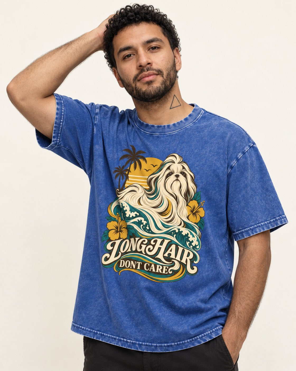 Shih Tzu Long Hair Don't Care Tropical Wave Graphic Washed Tee in Royal Blue, worn by a model