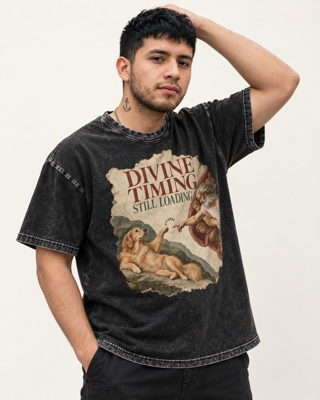 Divine Timing Still Loading Creation Scene Golden Retriever Graphic Washed Tee in Black, worn by a model
