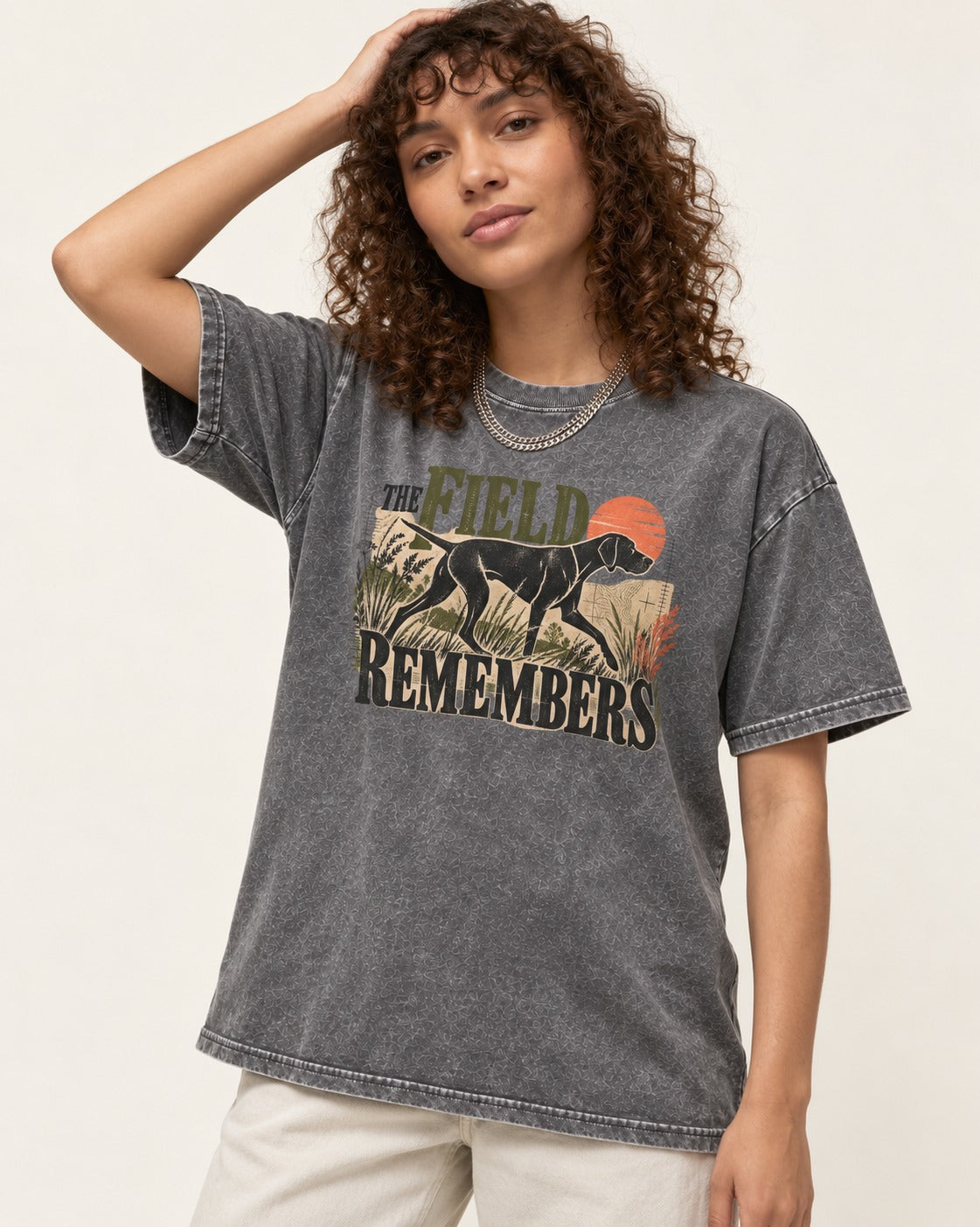 The Field Remembers German Shorthaired Pointer Washed Tee in Gray, worn by a model