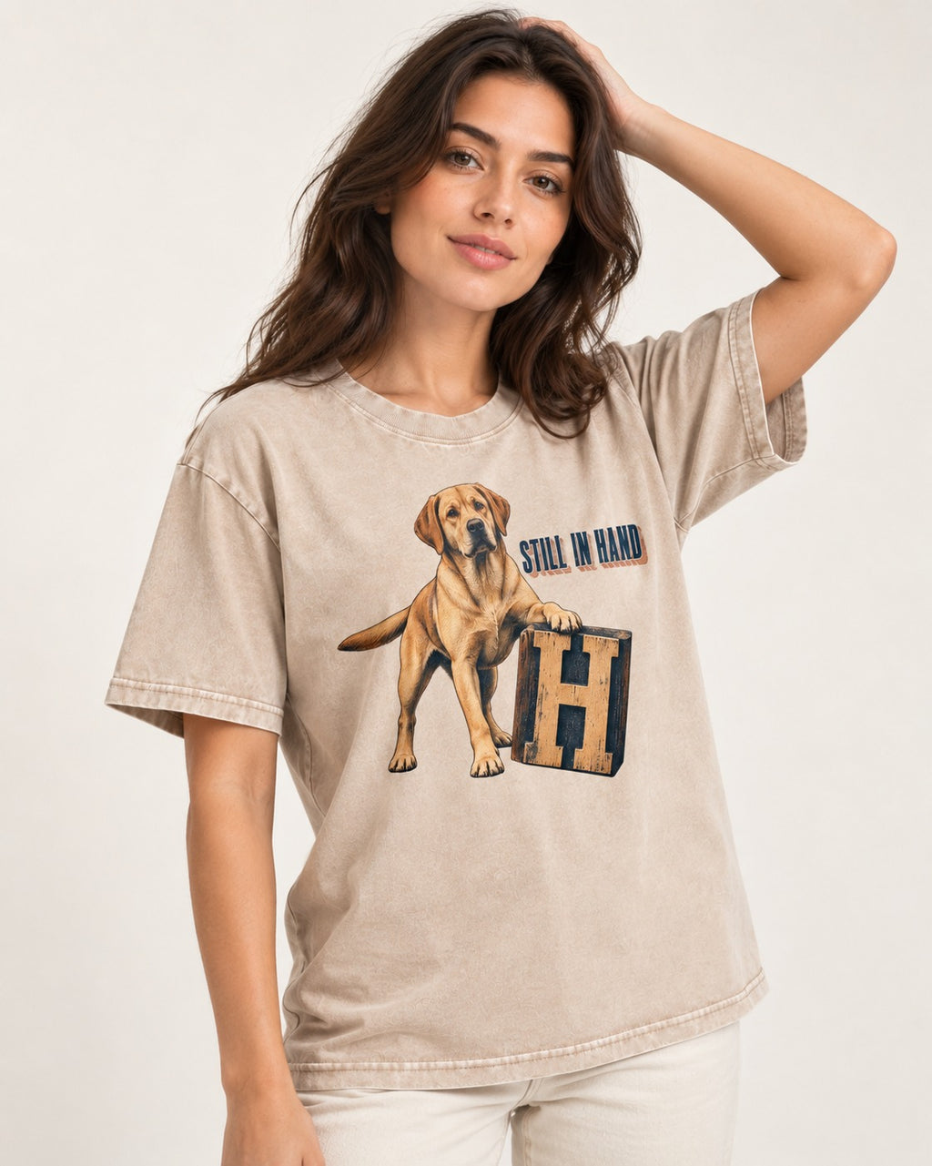 Labrador Retriever Still in Hand Washed Tee in Apricot, worn by a model
