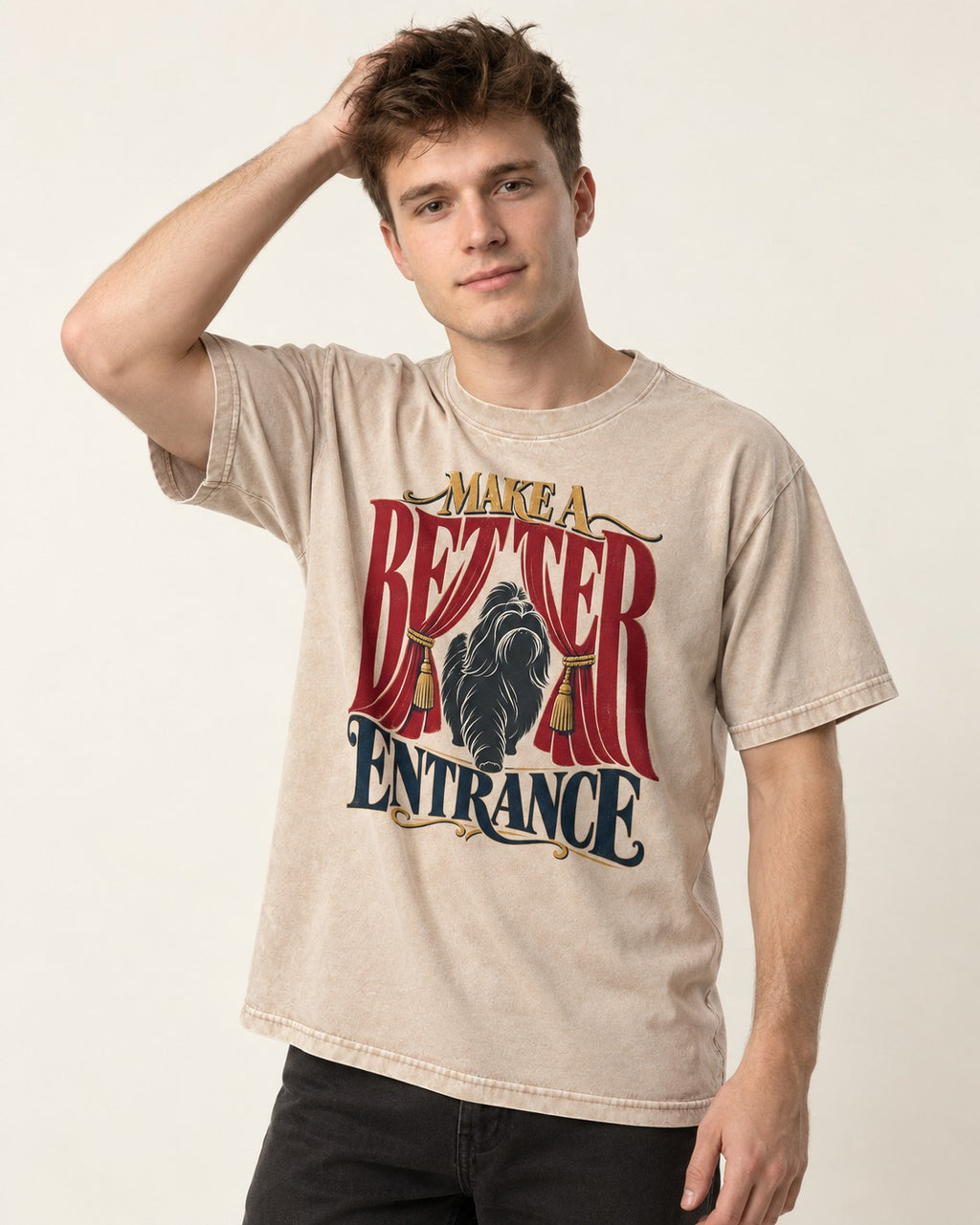 A Better Shih Tzu Entrance Washed Tee in Apricot, worn by a model