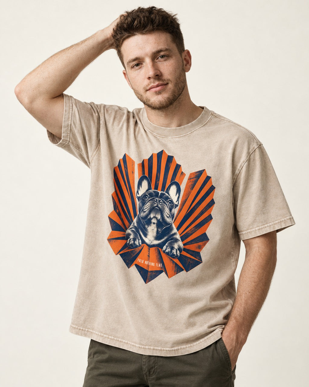 Frenchie Fold Nothing Flat Geometric Fan Graphic Washed Tee in Apricot, worn by a model