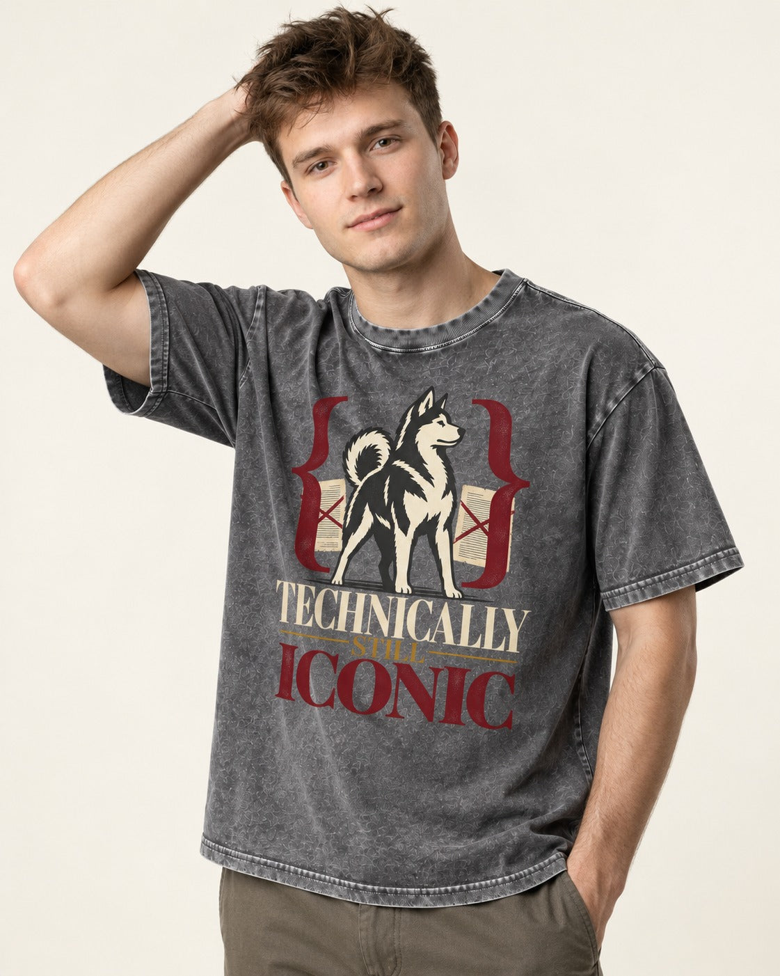 Husky Technically Still Iconic Editorial Frame Graphic Washed Tee in Gray, worn by a model