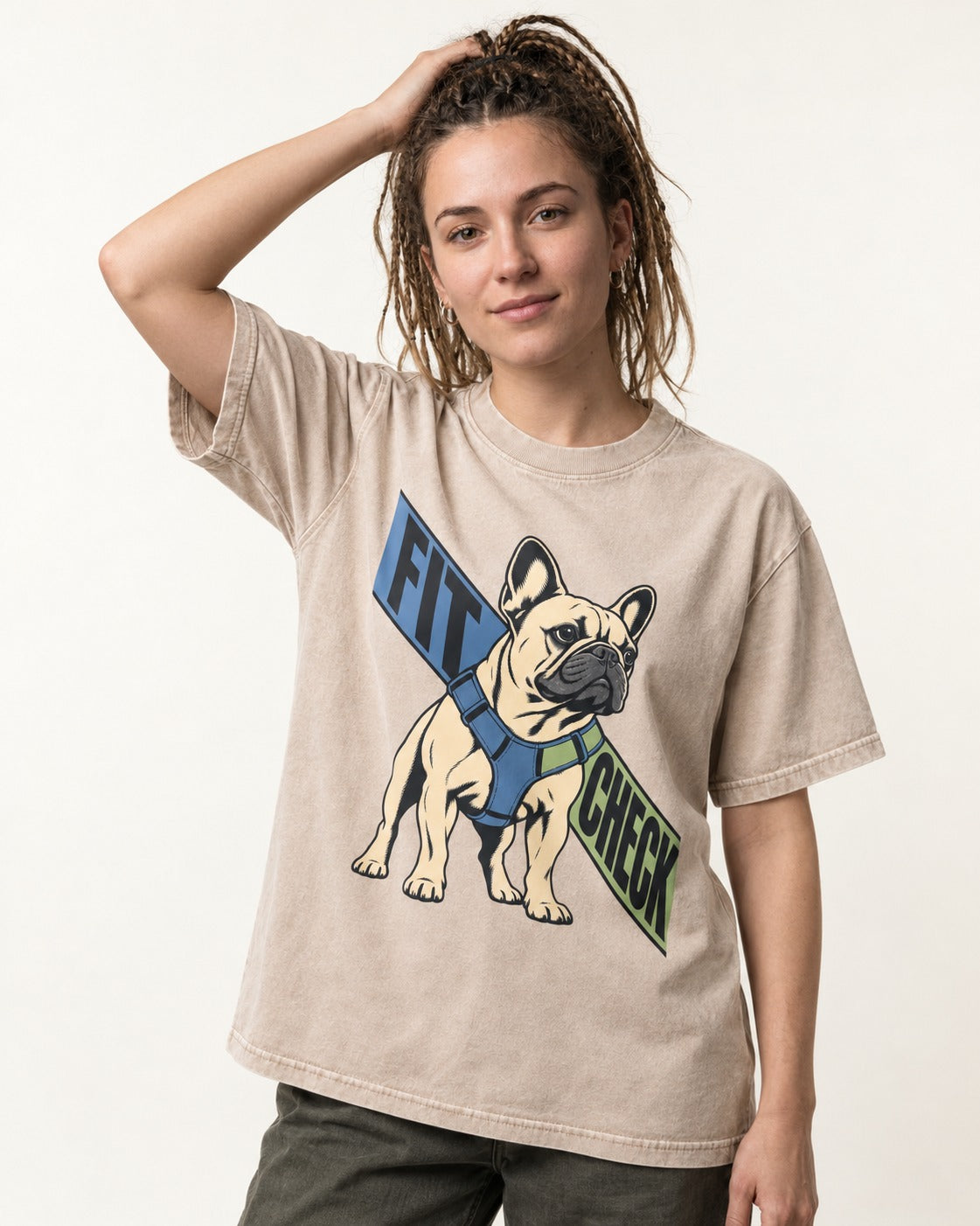 Frenchie Fit Check Washed Tee in Apricot, worn by a model