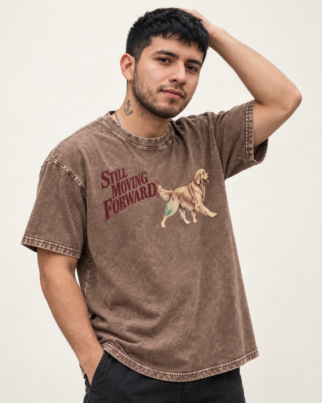 Golden Retriever Still Moving Forward Washed Tee in Coffee, worn by a model