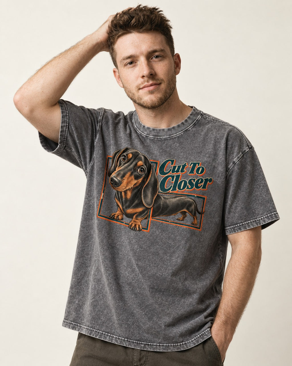 Dachshund Cut to Closer Washed Tee in Gray, worn by a model