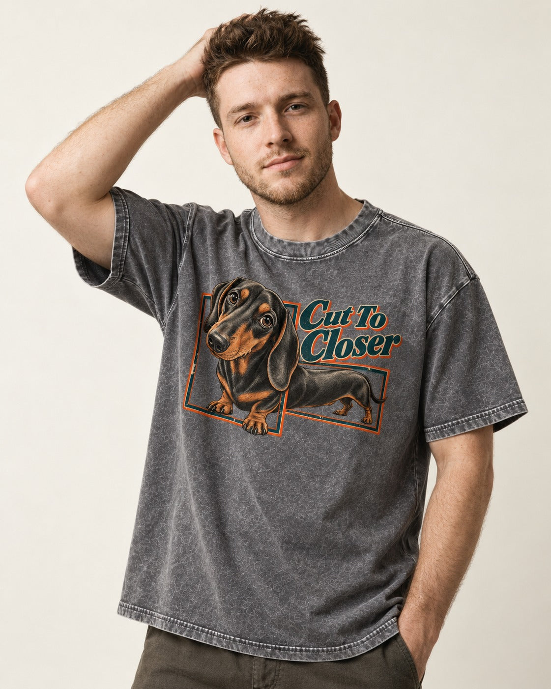 Dachshund Cut to Closer Washed Tee in Gray, worn by a model