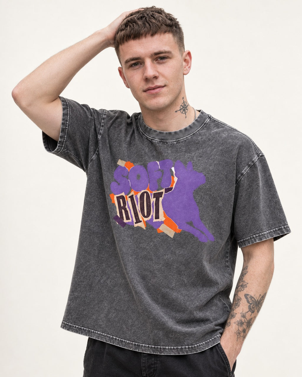 Soft Riot Boston Terrier Graphic Washed Tee in Gray, worn by a model