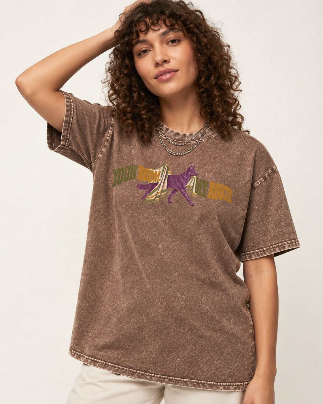 Your Room My Route German Shepherd Dog Washed Tee in Coffee, worn by a model