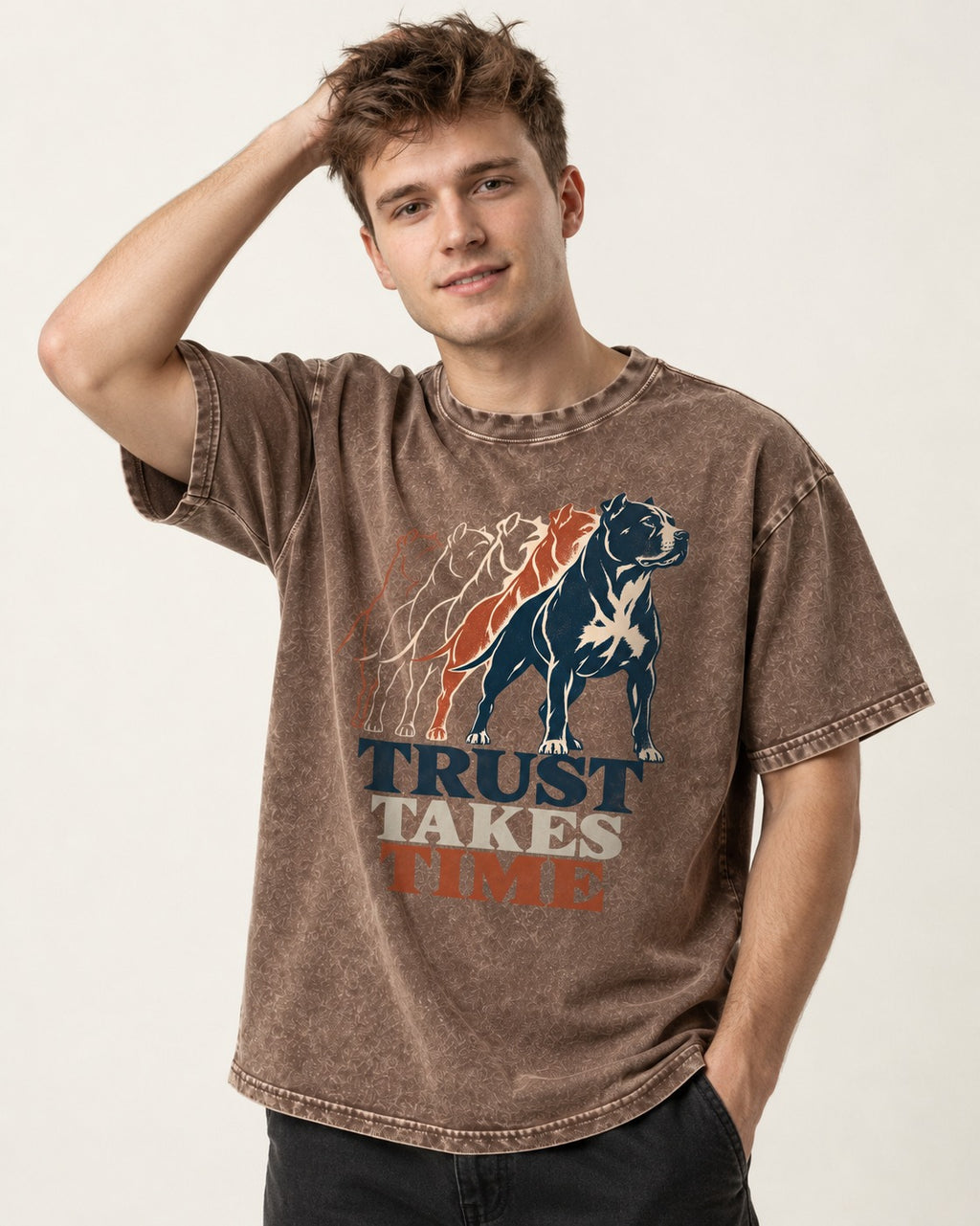 Pitbull Trust Takes Time Progression Graphic Washed Tee in Coffee, worn by a model
