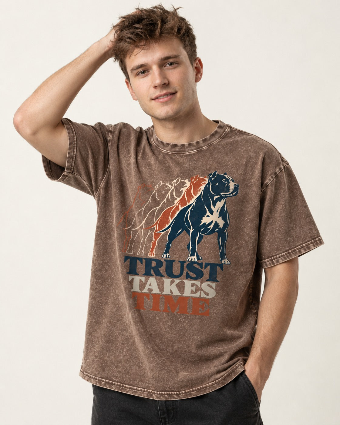 Pitbull Trust Takes Time Progression Graphic Washed Tee in Coffee, worn by a model