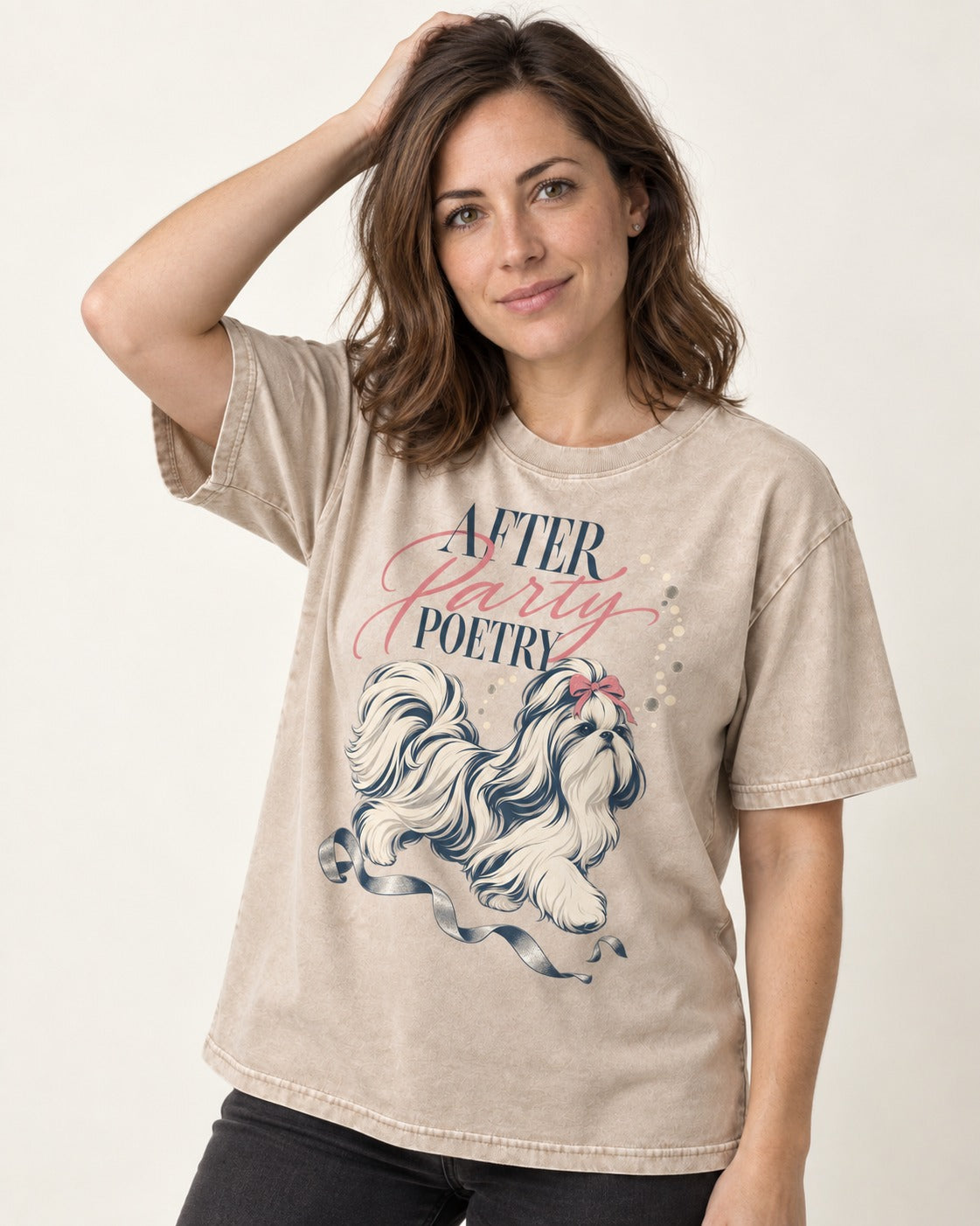 After Party Poetry Shih Tzu Washed Tee in Apricot, worn by a model