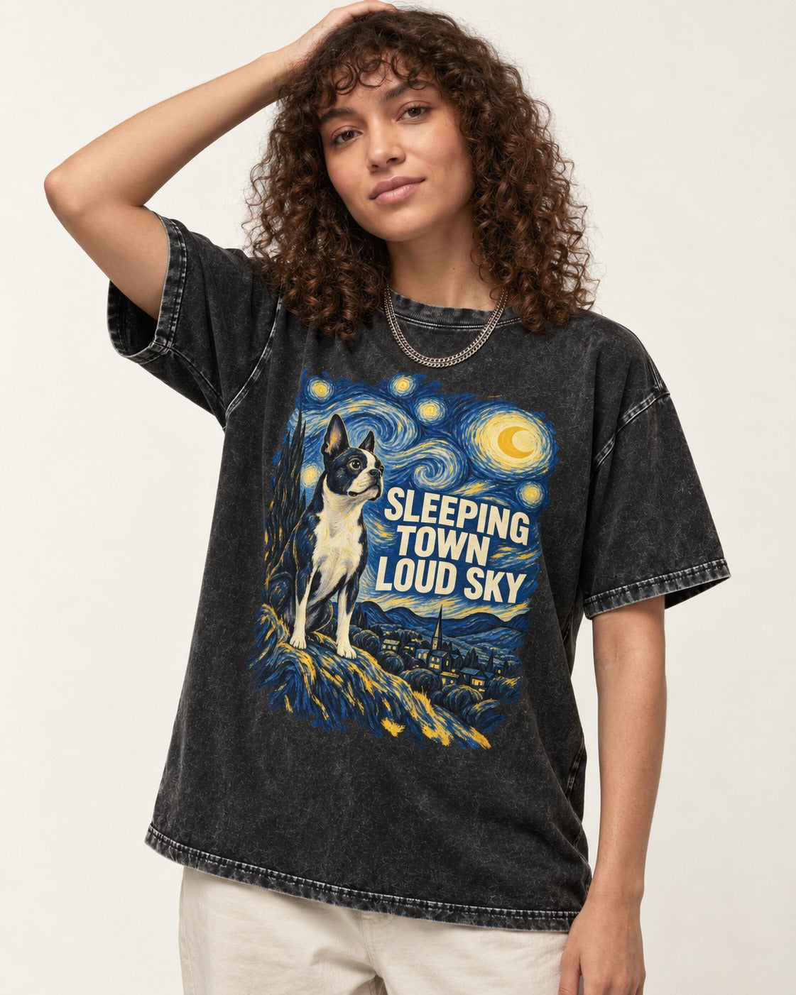 Sleeping Town Loud Sky Boston Terrier Starry Night Washed Tee in Black, worn by a model