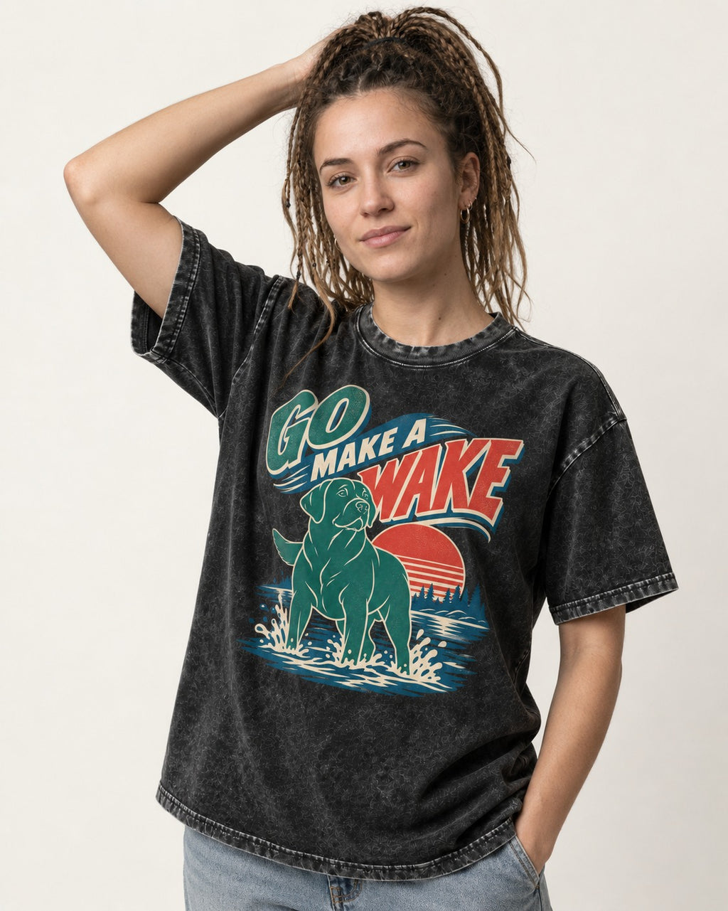 Labrador Retriever Go Make a Wake Lake Graphic Washed Tee in Black, worn by a model