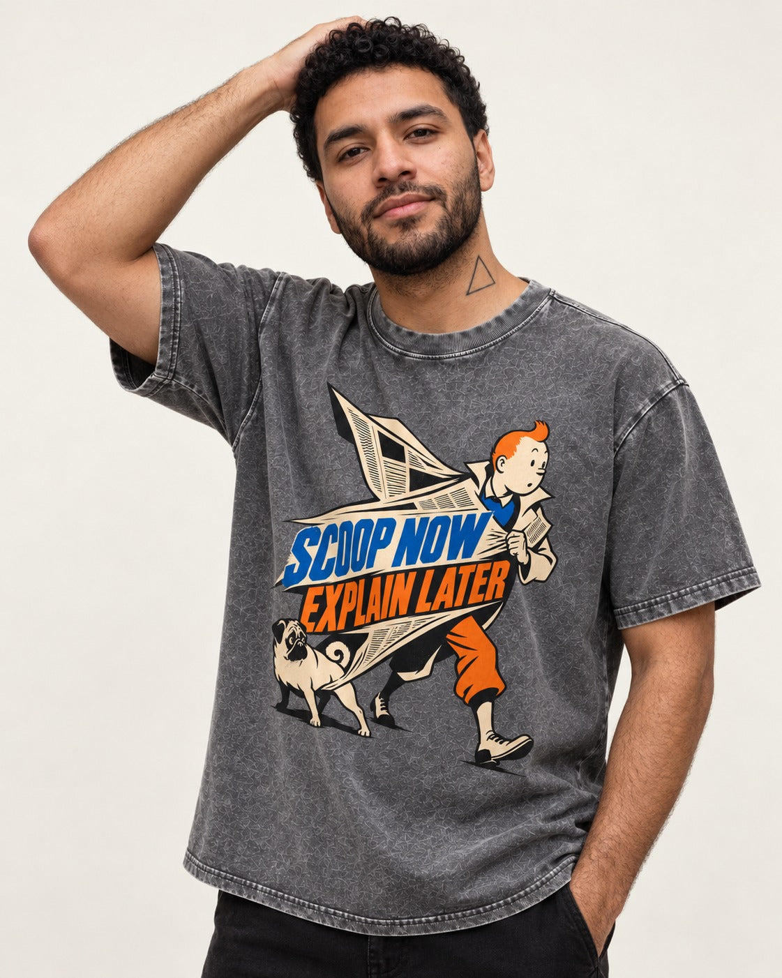 Pug Scoop Now Explain Later Washed Tee in Gray, worn by a model