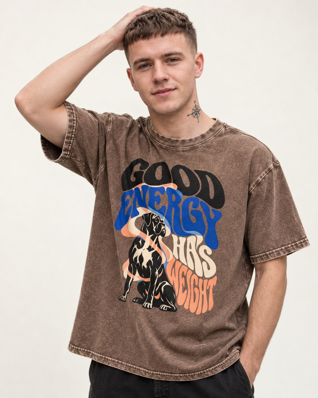 Good Energy Has Weight Boxer Retro Typography Washed Tee in Coffee, worn by a model