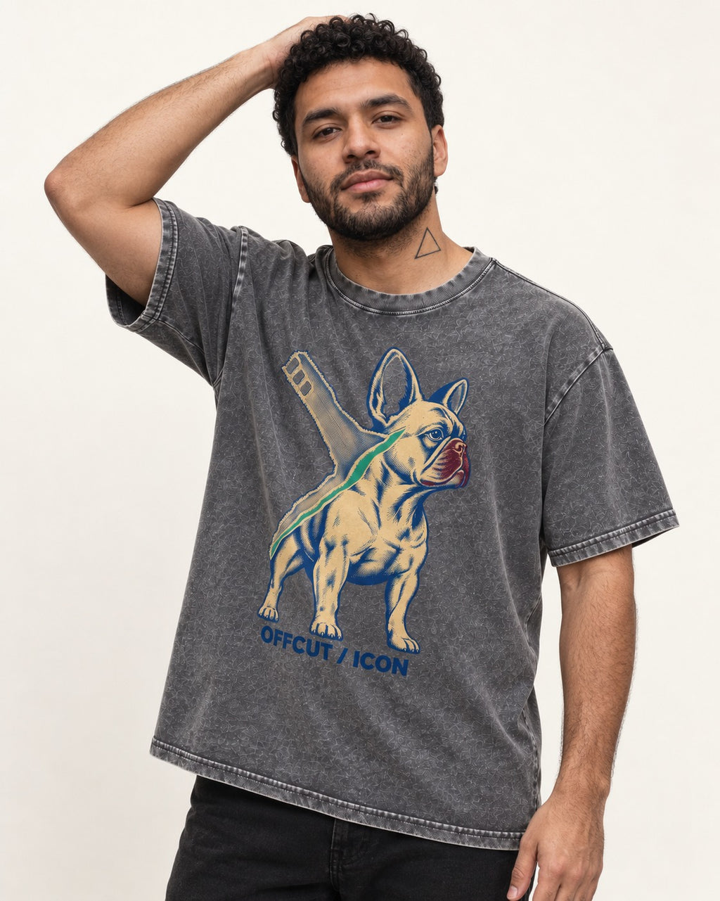 Offcut Frenchie Icon Washed Tee in Gray, worn by a model