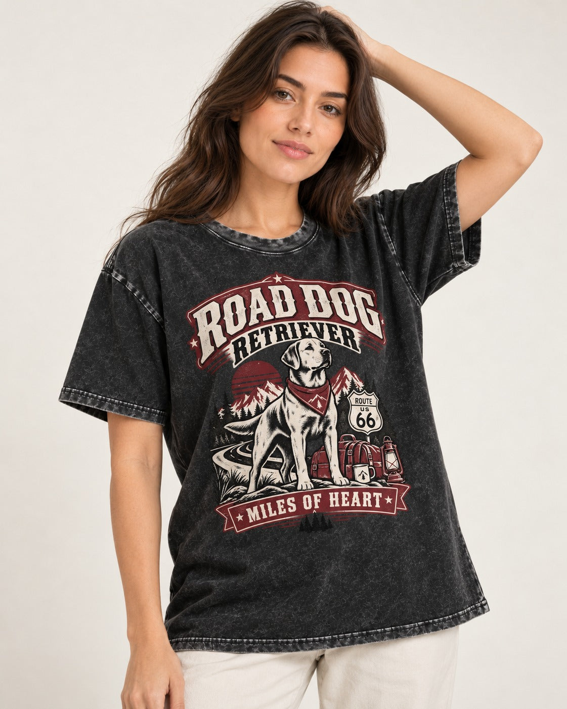 Labrador Retriever Road Dog Miles of Heart Route 66 Graphic Washed Tee in Black, worn by a model