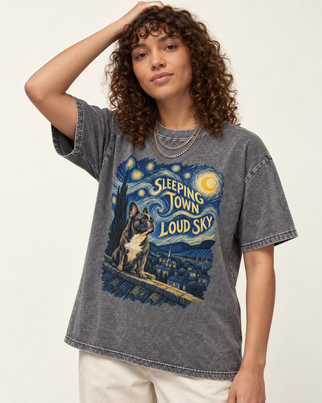 Frenchie Sleeping Town Loud Sky Rooftop Graphic Washed Tee in Gray, worn by a model