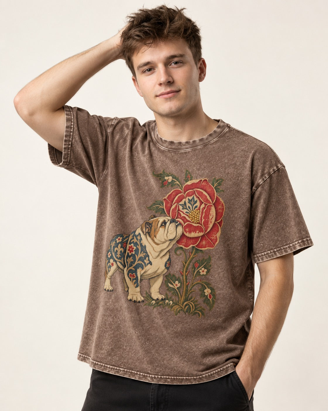 English Bulldog Tender Devotion Washed Tee in Coffee, worn by a model