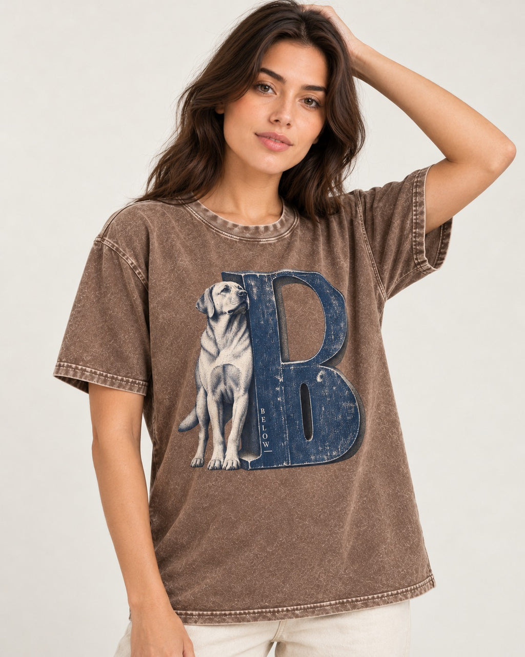 Labrador Retriever Below Washed Tee in Coffee, worn by a model